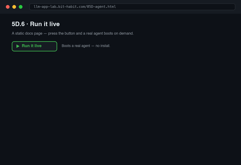 Run it live — press one button, a launcher scales a Kubernetes pod 0 to 1, and the real data-analyst agent answers a query in a terminal embedded in the page
